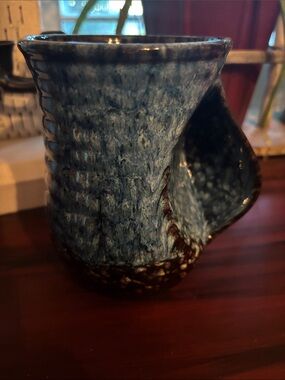 Handcrafted 20 oz Blue Glazed Ceramic Mug with Thumb Rest